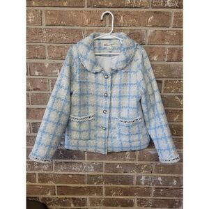 Richie House Tweed Checkered Blazer with Pearl Detail, Girls 7/8